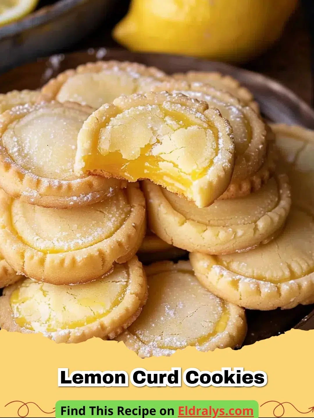 A close-up shot of several bright yellow Lemon Curd Cookies dusted with powdered sugar on a white plate.