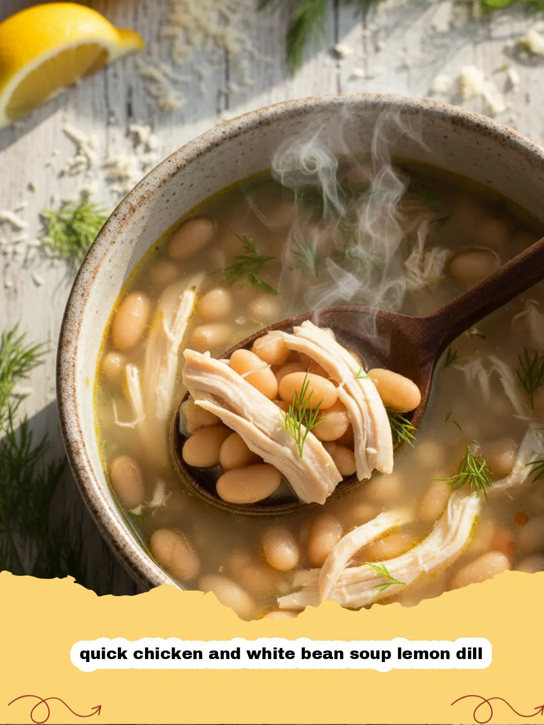 A steaming bowl of quick chicken and white bean soup lemon dill garnished with fresh herbs.
