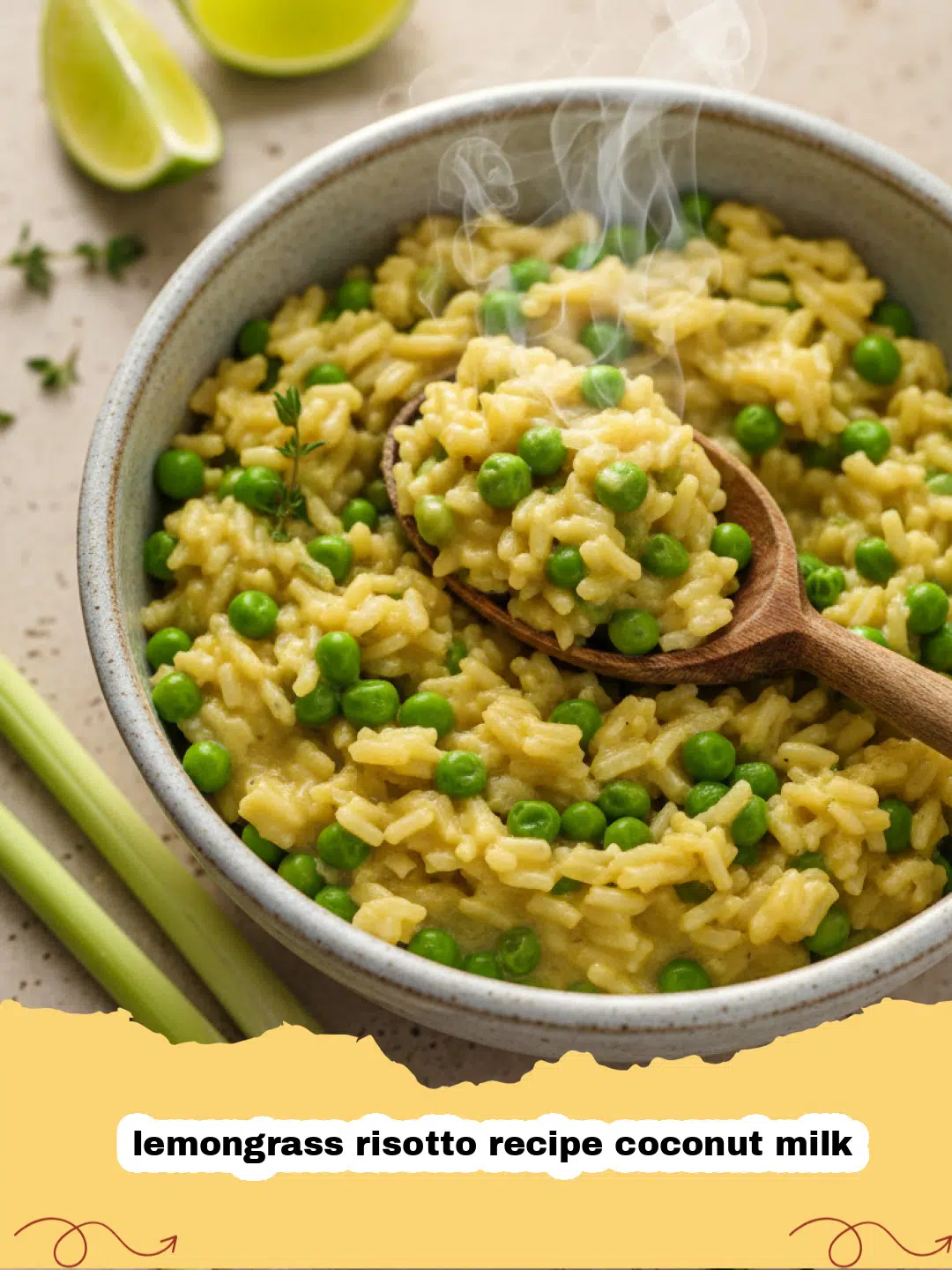 A close up shot of creamy lemongrass risotto recipe coconut milk in a dark bowl with cilantro garnish