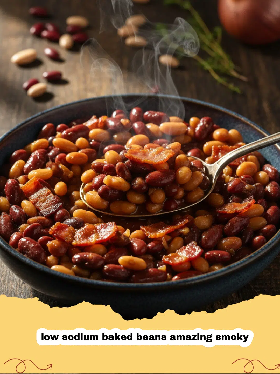 A close up view of low sodium baked beans amazing smoky in a dark ceramic pot.