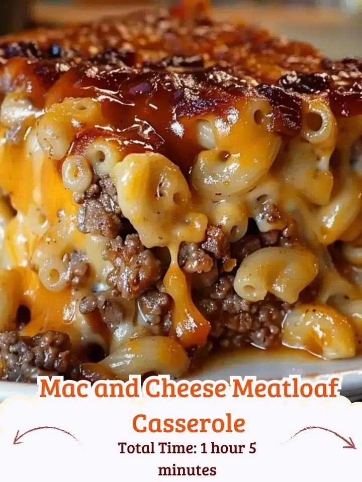 A close up shot of a slice of Mac and Cheese Meatloaf Casserole showing the distinct layers of meat and cheese.