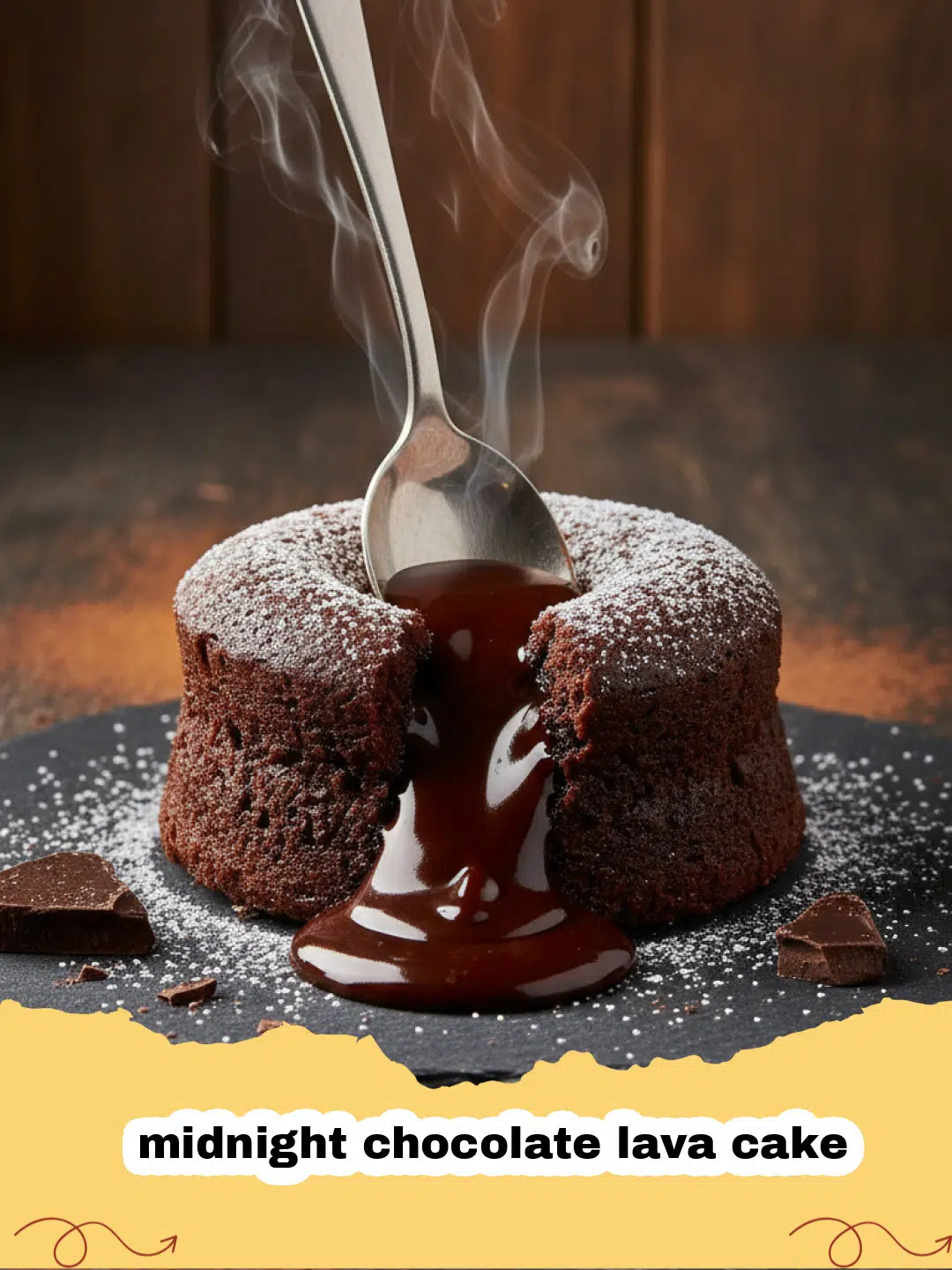 A close-up of a midnight chocolate lava cake with molten chocolate flowing out.