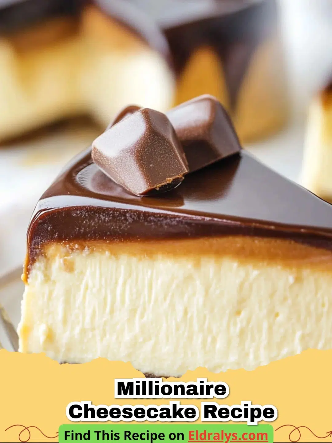 A close up view of a slice of the Millionaire Cheesecake Recipe with caramel dripping down the sides.