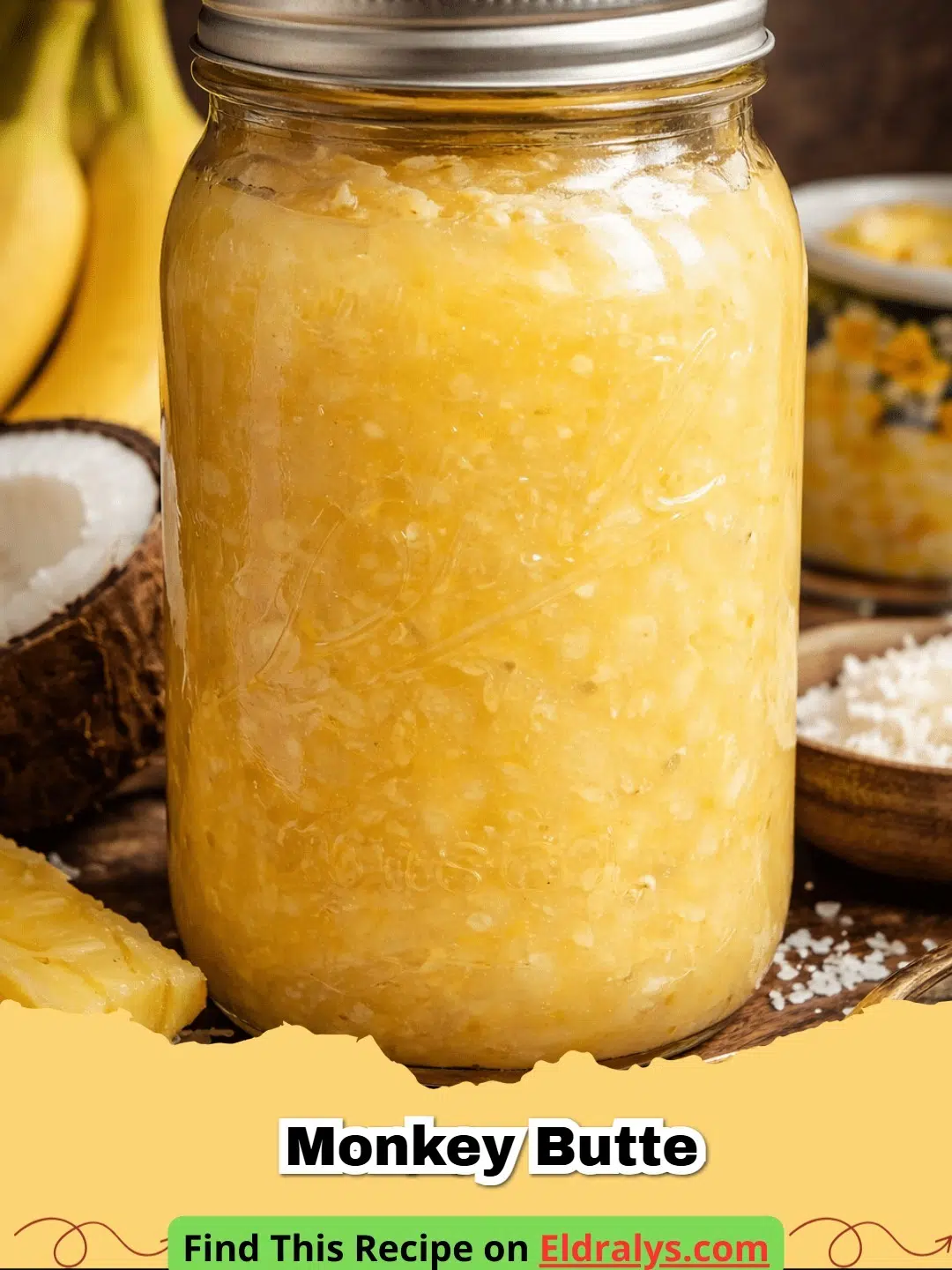 Several jars of golden Monkey Butter and bring a tropical vibe on a wooden table with fresh bananas.