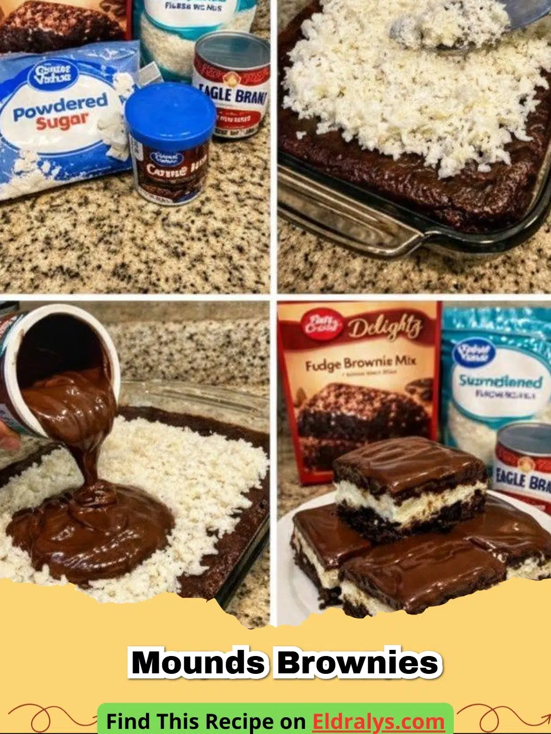 A stack of Mounds Brownies showing layers of dark chocolate and white coconut filling.