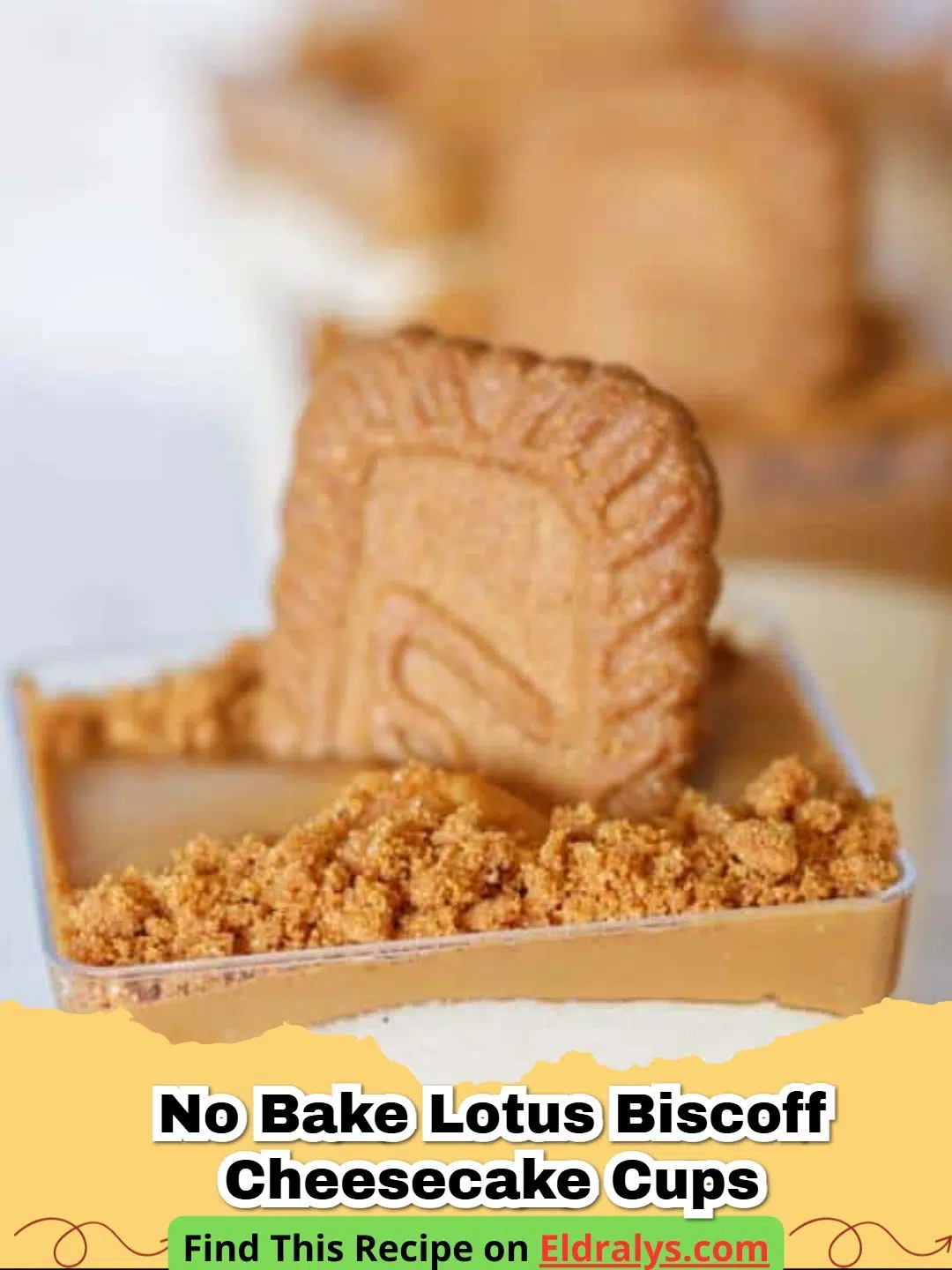 Close up of No-Bake Lotus Biscoff Cheesecake Cups in glass jars with cookie butter drizzle