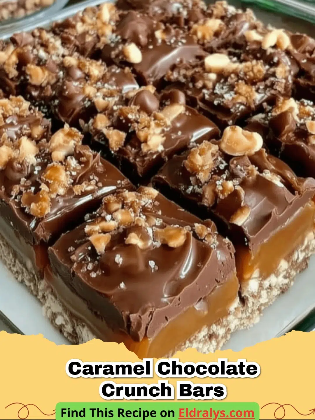 Close-up of No-Bake Caramel Chocolate Peanut Butter Crunch Bars showing distinct layers