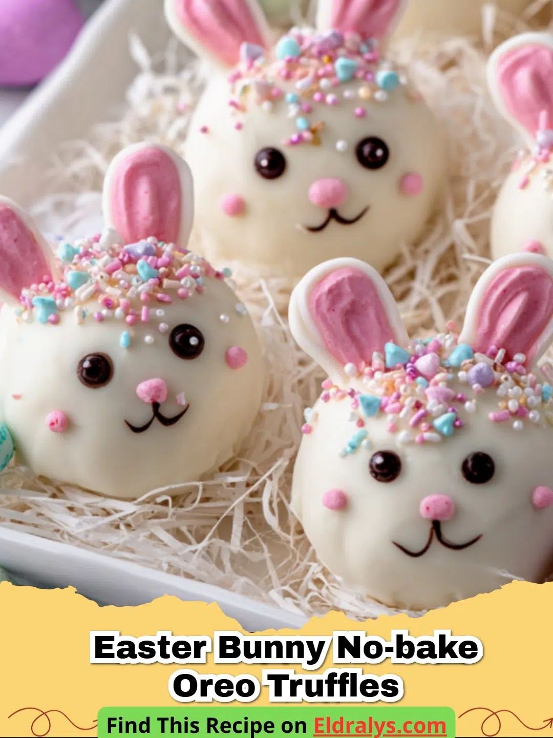 A group of adorable No-Bake Easter Bunny Oreo Truffles with marshmallow ears and chocolate chip eyes on a festive platter.