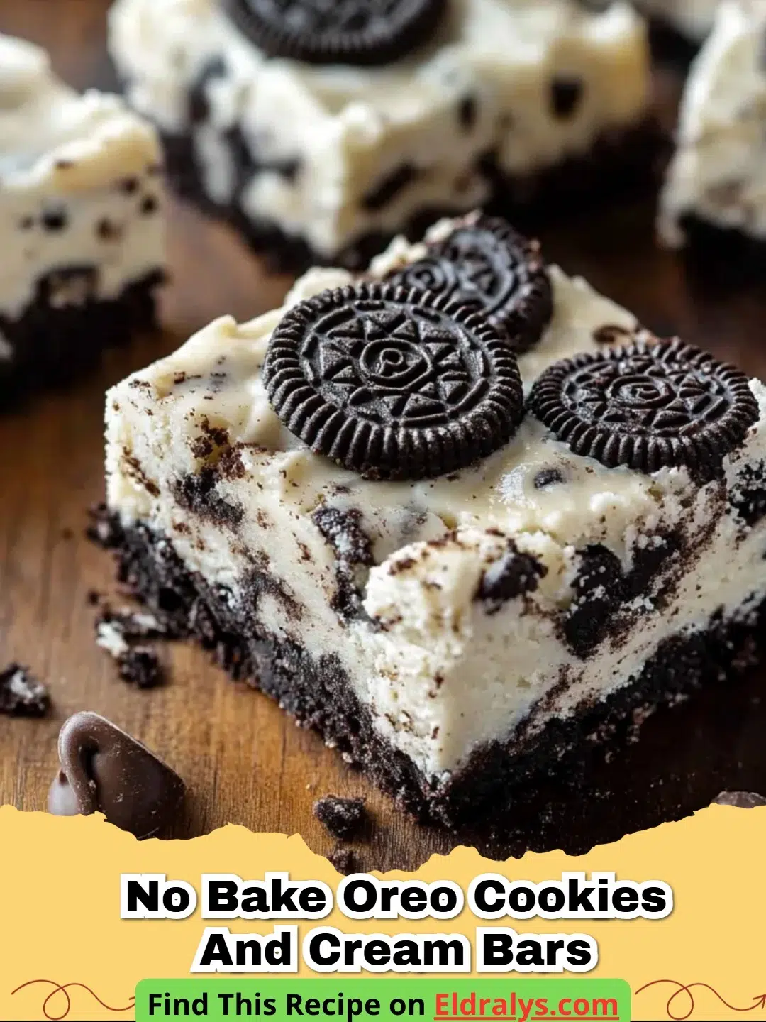 A close up shot of a stack of No Bake Oreo Cookies and Cream Bars showing the chunky cookie bits.