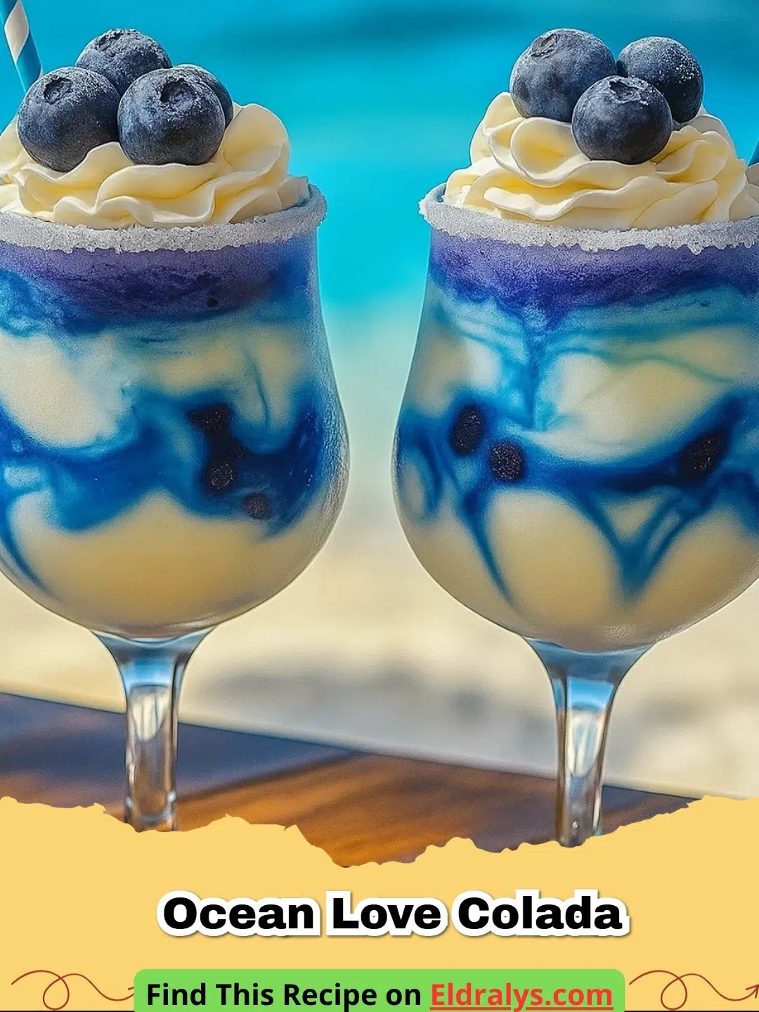 A vibrant blue Ocean Love Colada garnished with pineapple in a hurricane glass.