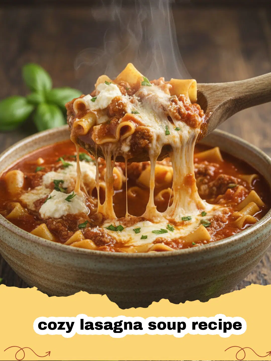 cozy lasagna soup recipe - A steaming bowl of cozy lasagna soup topped with creamy ricotta and fresh basil.