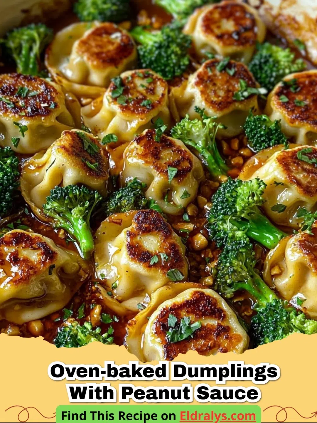 A platter of crispy golden-brown Oven-Baked Dumplings with Peanut Sauce on the side.