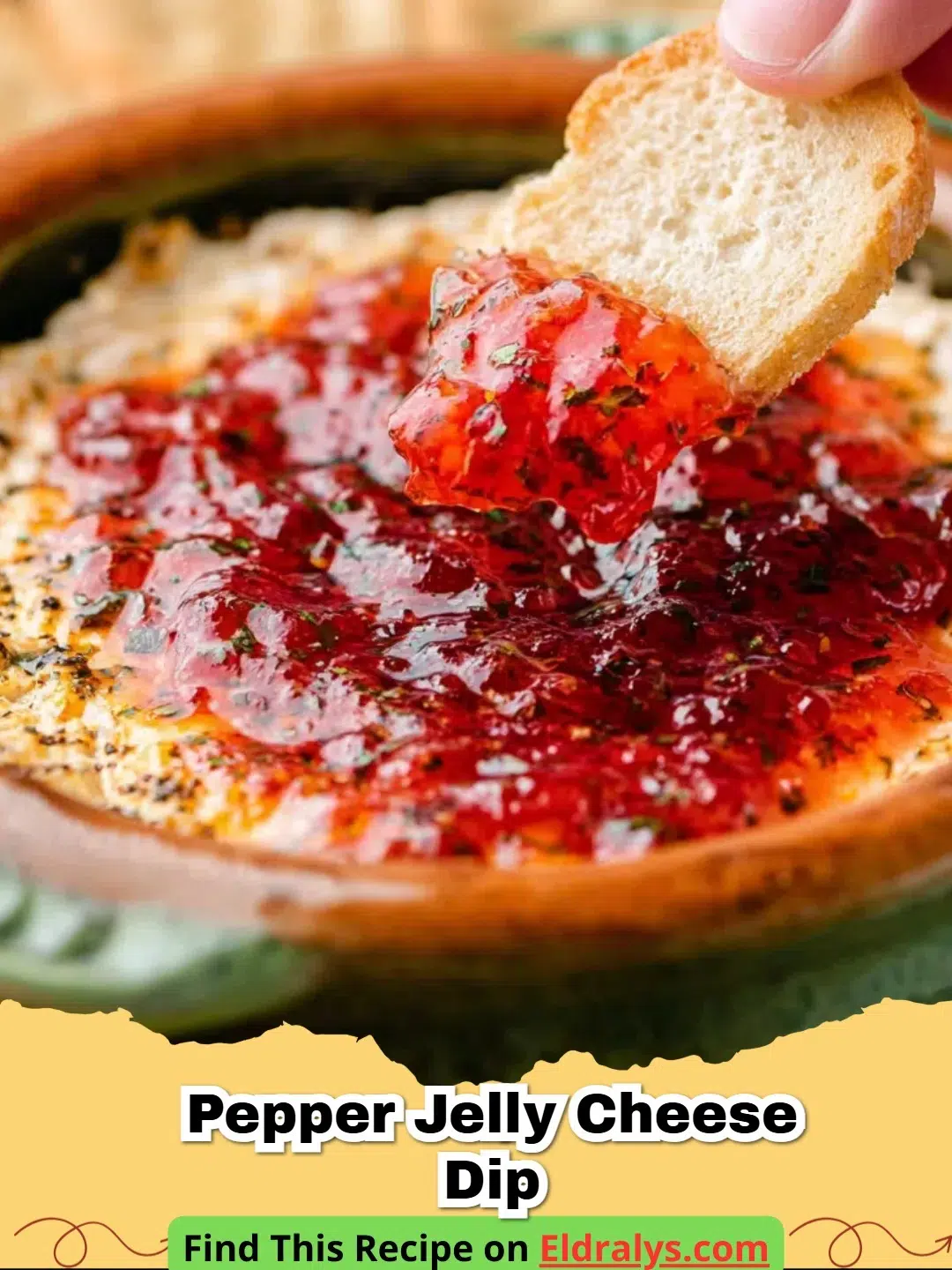 A close up of Pepper Jelly Cheese Dip on a white platter with crackers