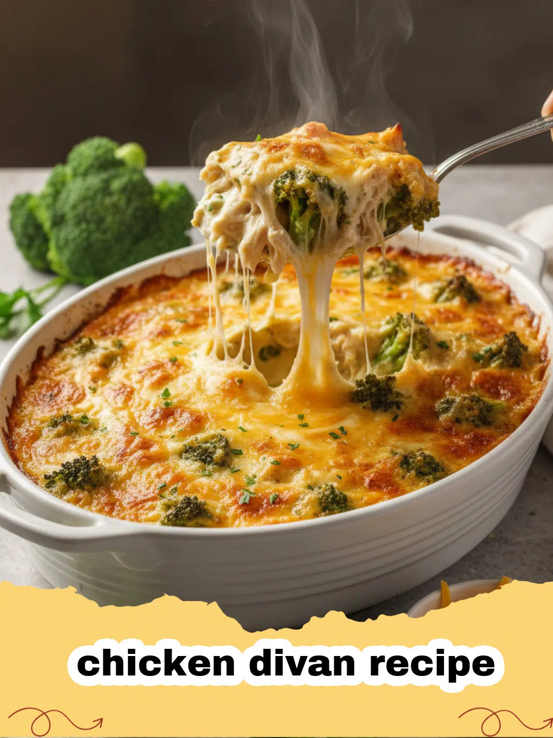 chicken divan recipe - A golden brown chicken divan casserole in a glass dish