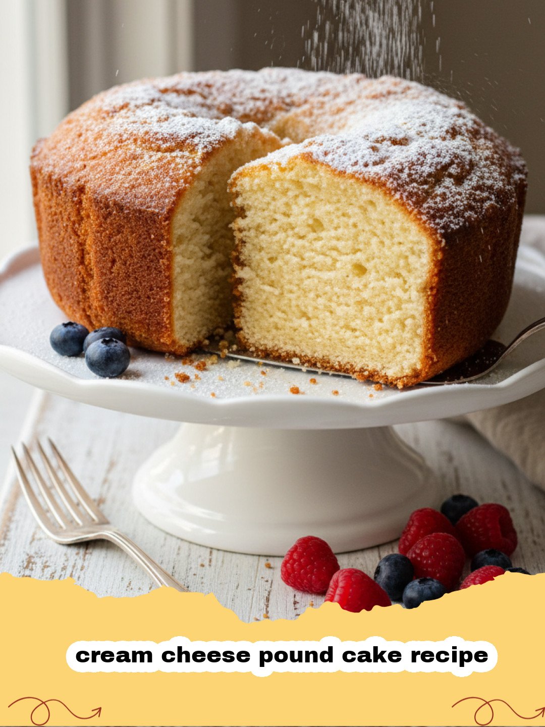 cream cheese pound cake recipe - A beautiful golden brown cream cheese pound cake on a white cake stand.
