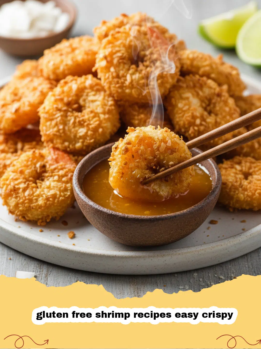 gluten free shrimp recipes easy crispy - Golden brown crispy gluten free fried shrimp on a serving platter with lemon wedges