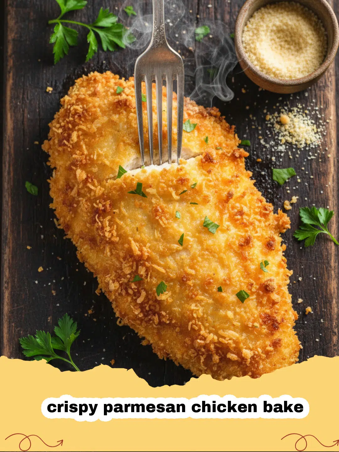 Golden brown crispy parmesan chicken bake served on a white plate with a side of greens.