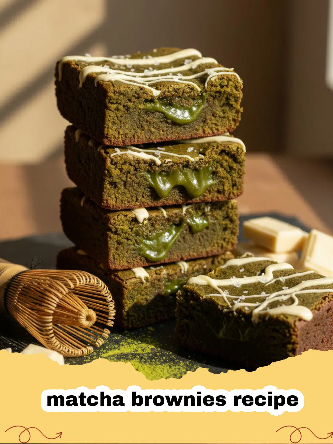 matcha brownies recipe - A stack of vibrant green fudgy matcha brownies on a white plate
