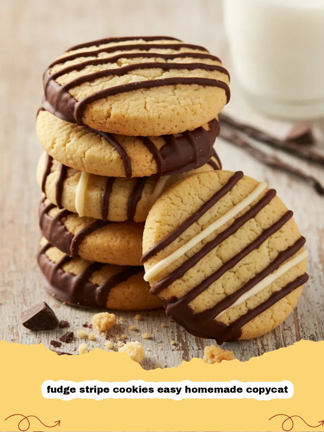 fudge stripe cookies easy homemade copycat - A pile of homemade fudge stripe cookies with perfect chocolate lines and a golden shortbread base.