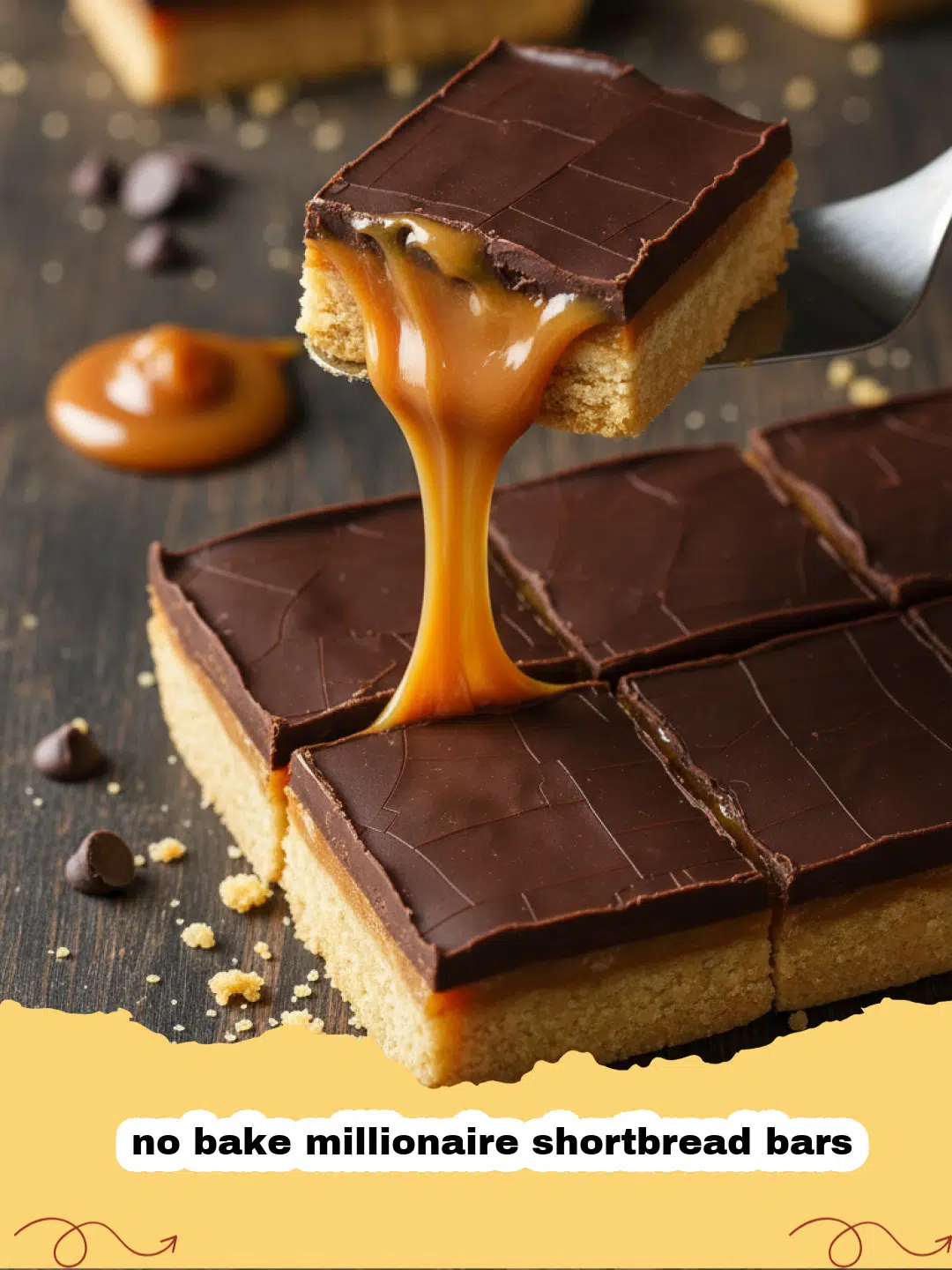 A close-up of layered no bake millionaire shortbread bars showing the biscuit, caramel, and chocolate layers.