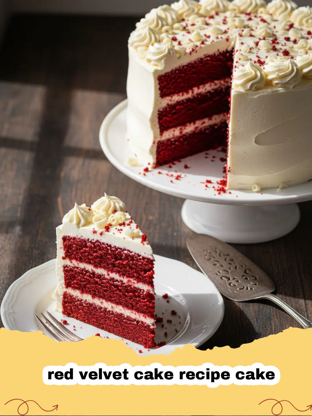 red velvet cake recipe cake - A tall, two-layer red velvet cake with thick white cream cheese frosting on a glass stand.