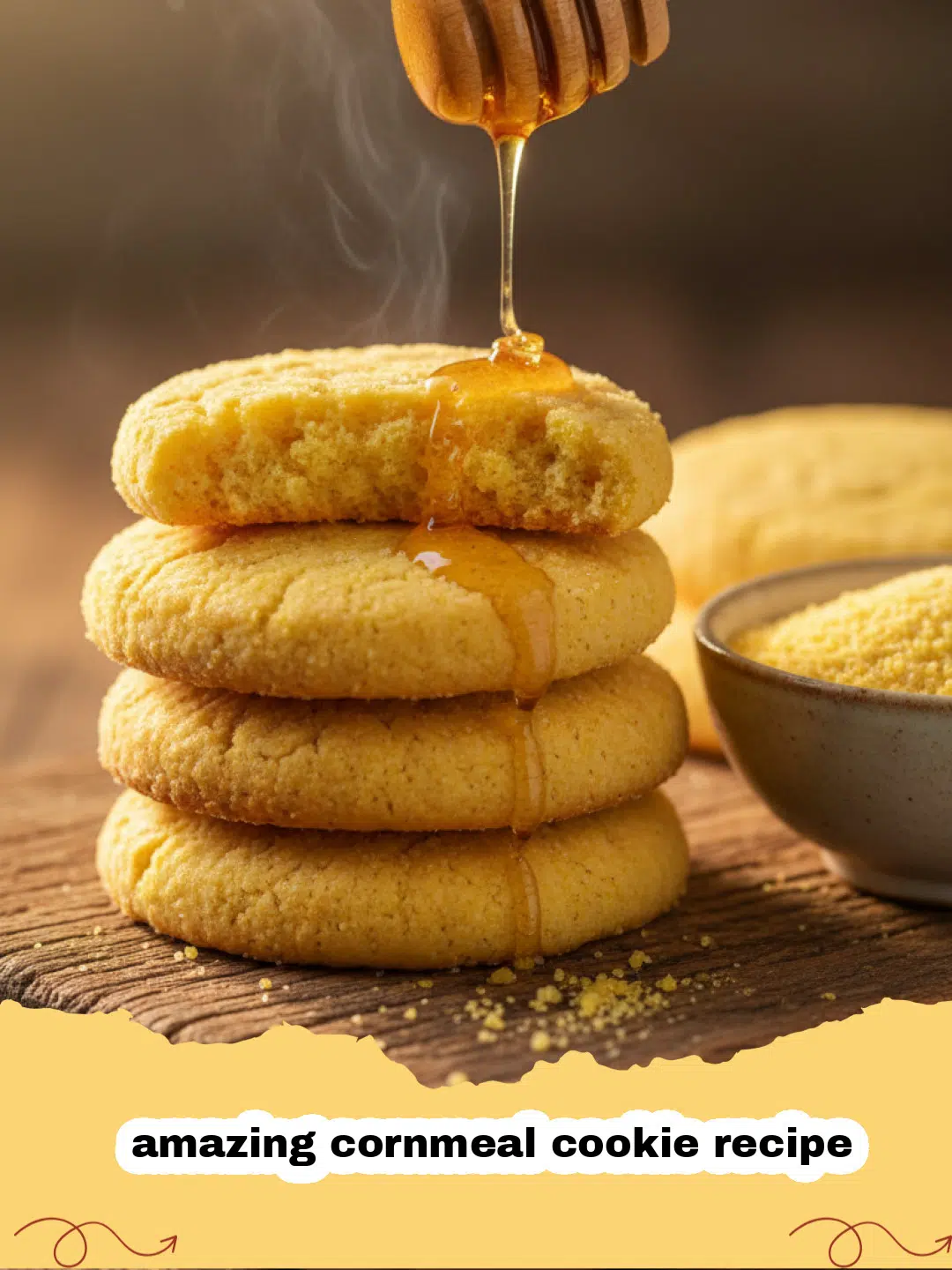 amazing cornmeal cookie recipe - Golden amazing cornmeal cookies stacked on a wooden board