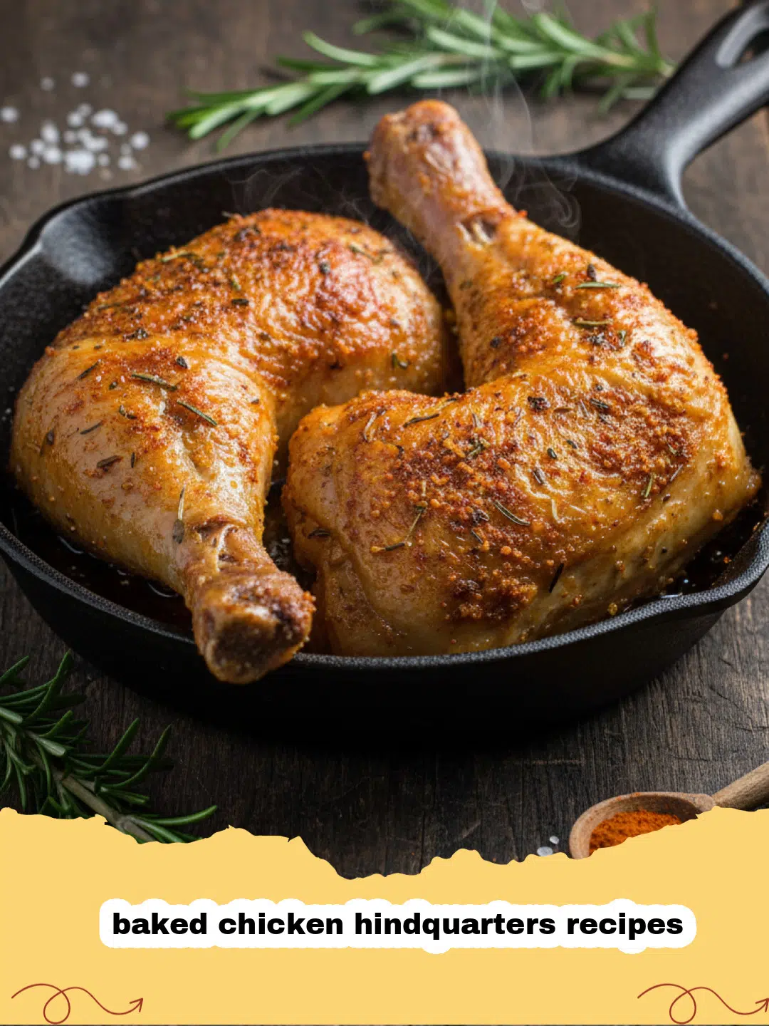 baked chicken hindquarters recipes - Two golden brown baked chicken hindquarters served on a white plate with roasted herbs.