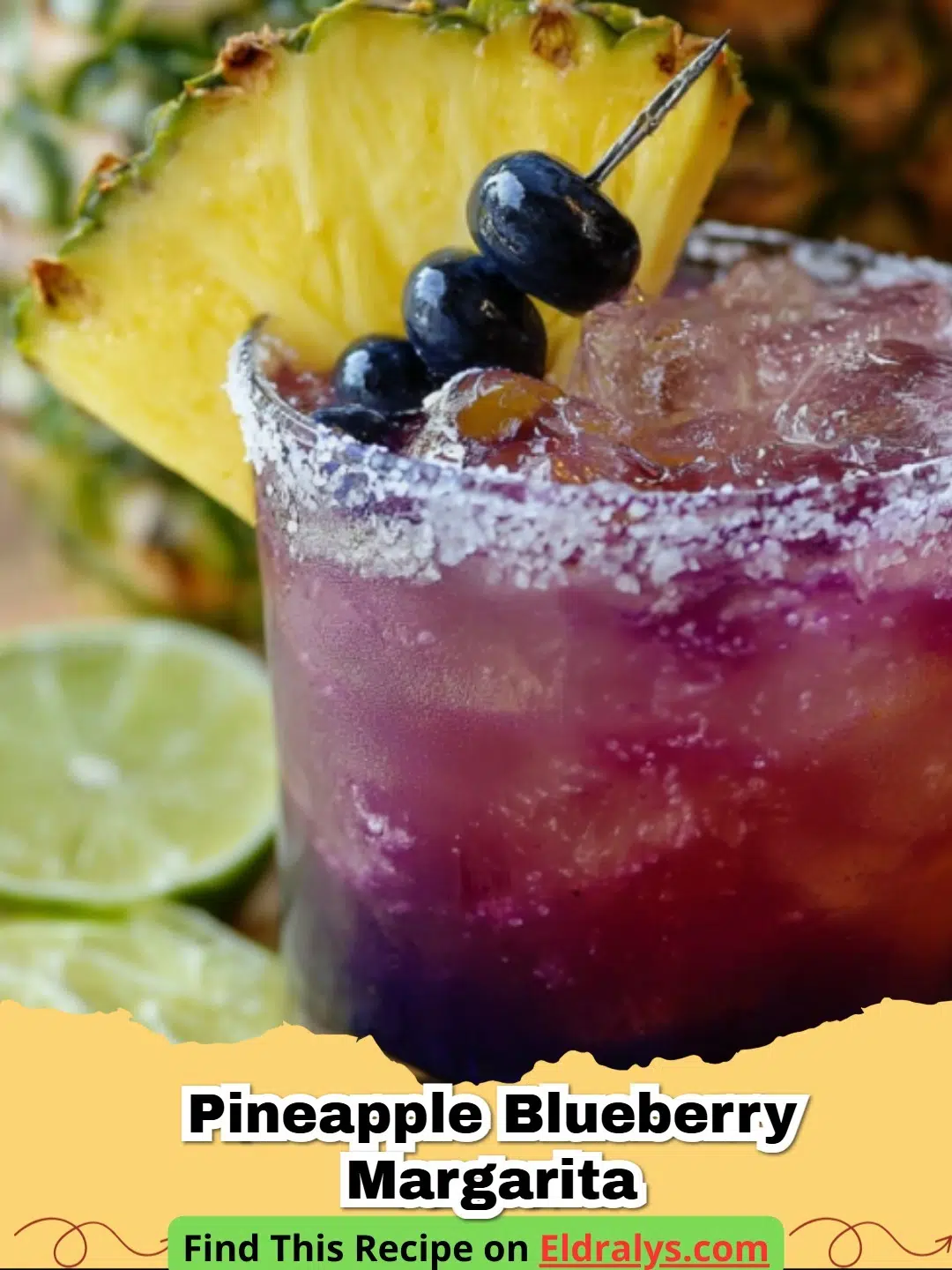 Pineapple Blueberry Margarita Recipe - A vibrant purple and yellow Pineapple Blueberry Margarita served in a salt-rimmed glass with a pineapple garnish.