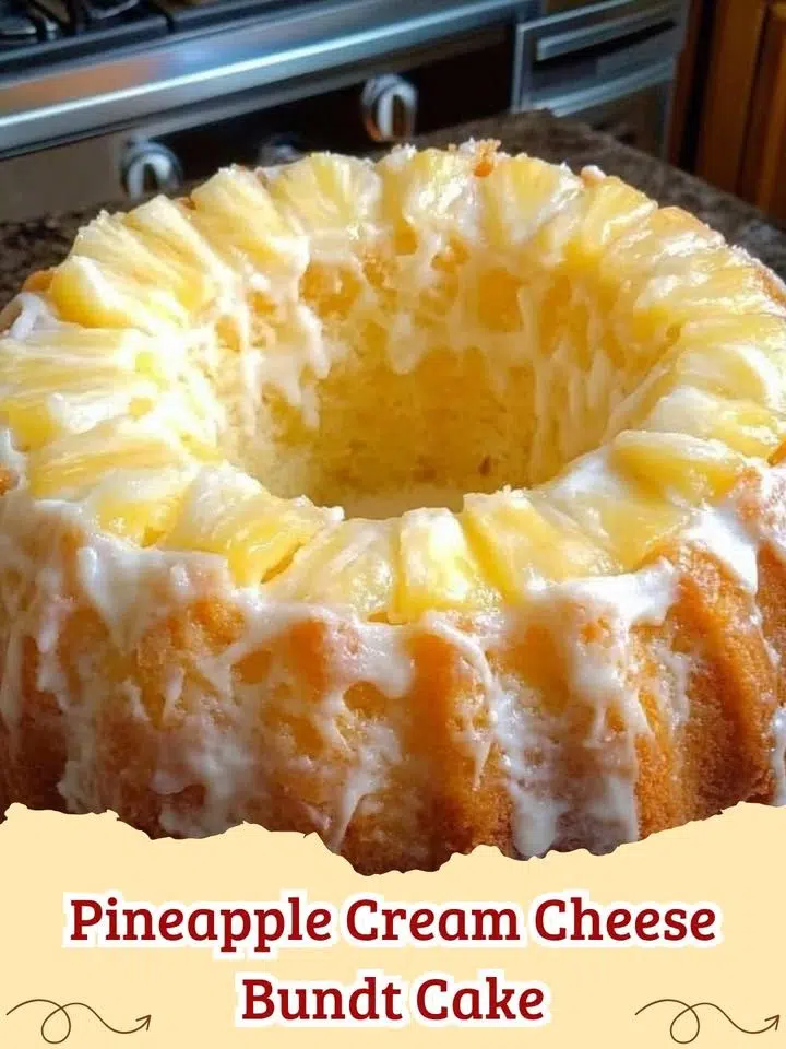 A golden brown Pineapple Cream Cheese Bundt Cake on a white platter with a light glaze.