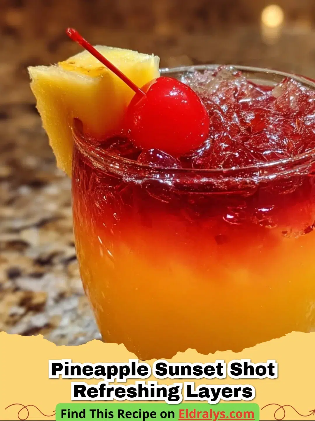 Two Pineapple Sunset Shot Refreshing Layers in clear glass with pineapple garnish