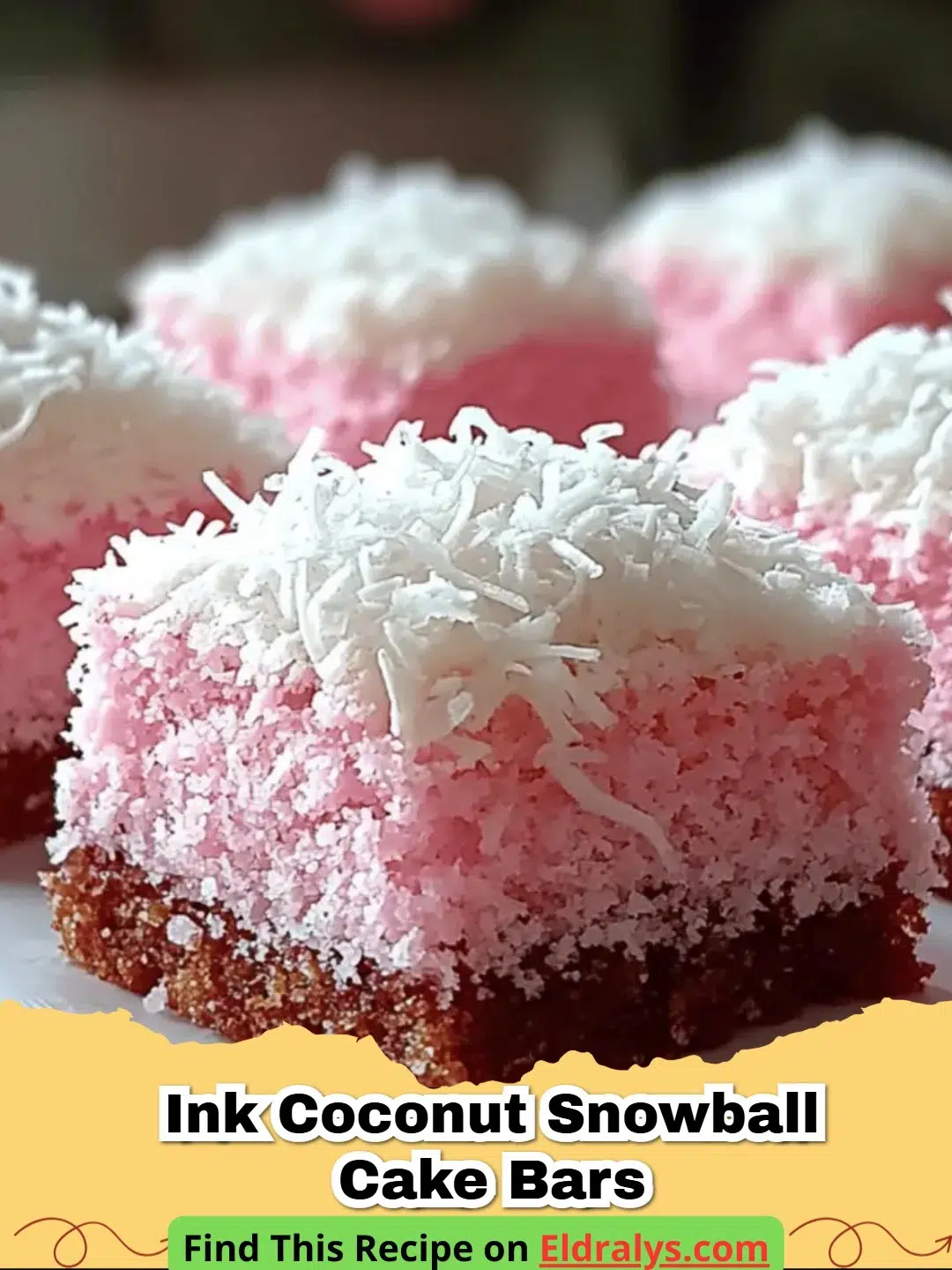 Pink Coconut Snowball Cake Bars - A close-up view of a Pink Coconut Snowball Cake Bar showing the chocolate base and pink coconut topping.