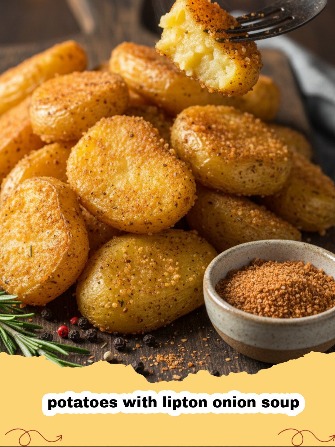 potatoes with lipton onion soup - Golden brown crispy roasted potatoes seasoned with onion soup mix on a baking sheet.
