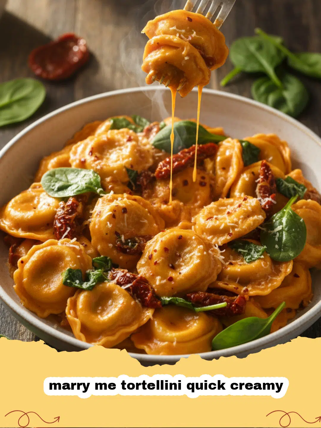 A vibrant bowl of marry me tortellini quick creamy pasta, with rich sauce, spinach, and sun-dried tomatoes.