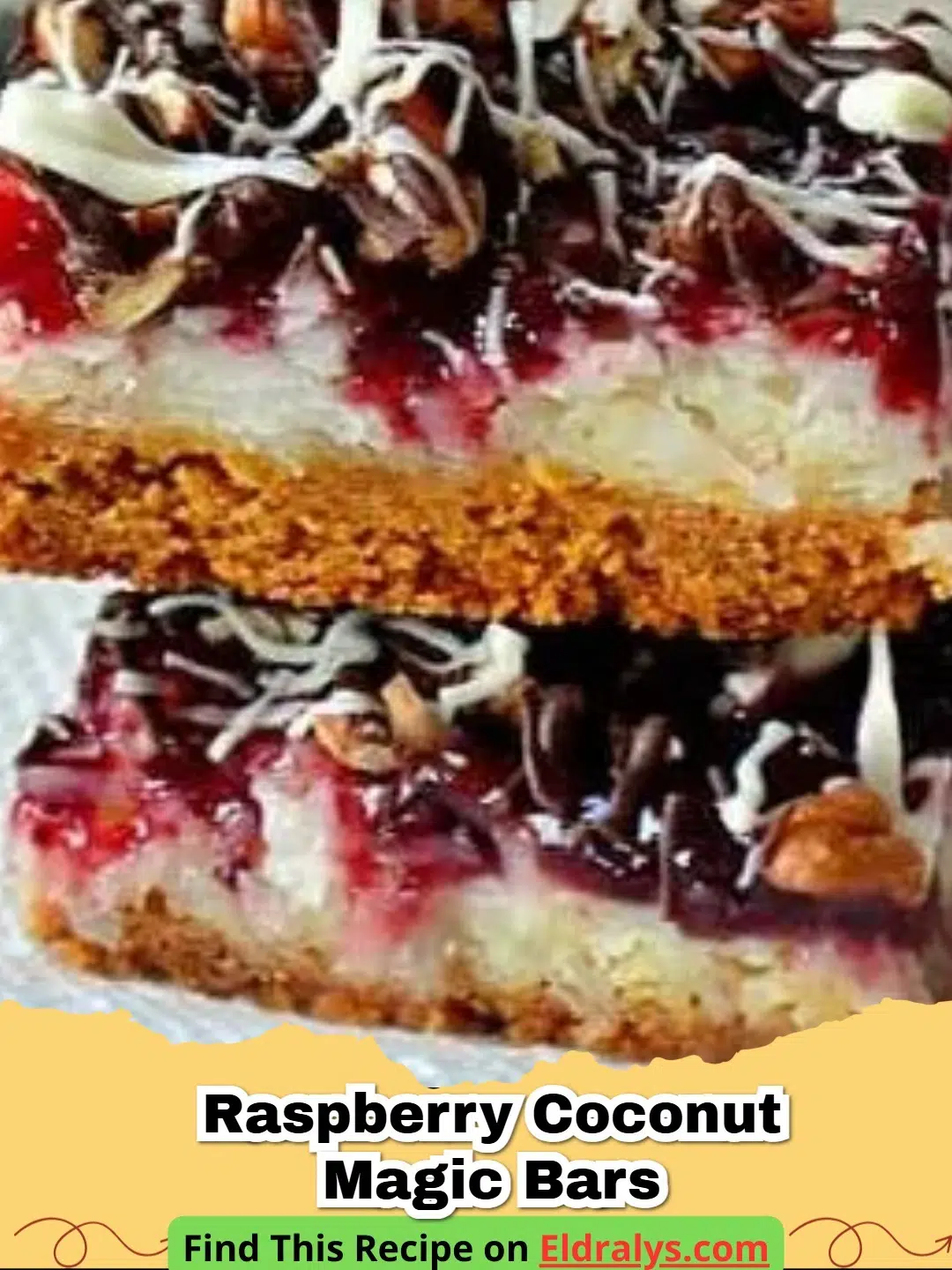 A close-up of a stacked Raspberry Coconut Magic Bar showing layers of graham crust, white chocolate, and red raspberry swirl.