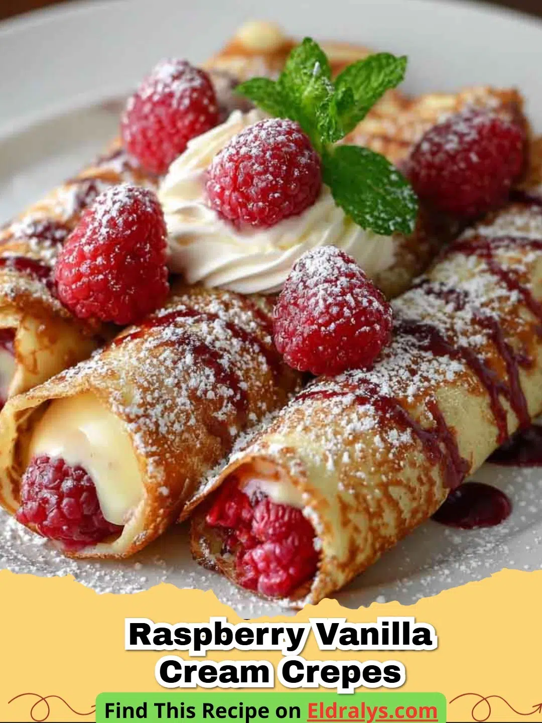 A stack of folded Raspberry Vanilla Cream Crepes topped with fresh berries and powdered sugar.