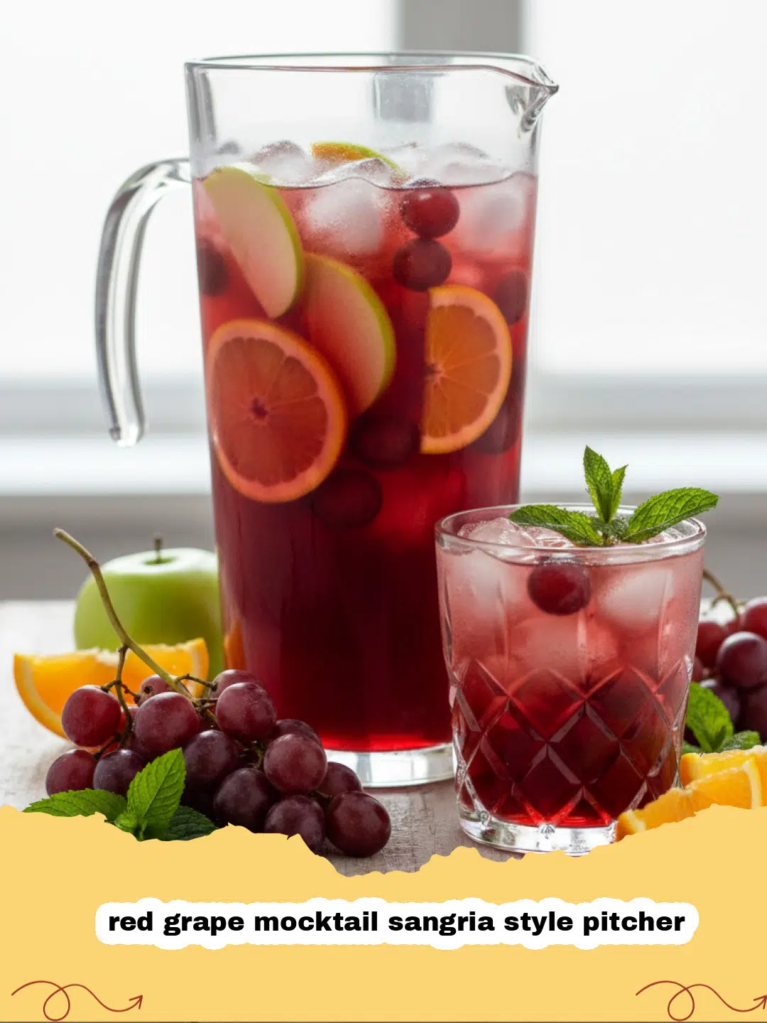 red grape mocktail sangria style pitcher - A glass pitcher filled with dark red grape mocktail and floating slices of orange and lemon.
