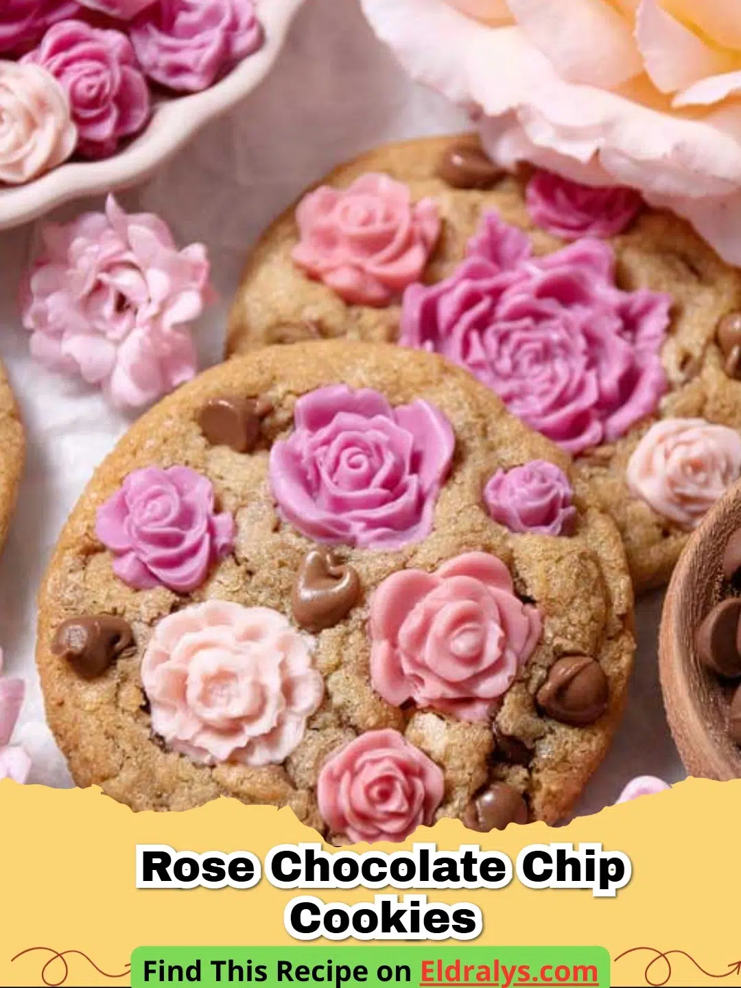 A close-up shot of the finished Rose Chocolate Chip Cookies Recipe on a cooling rack.