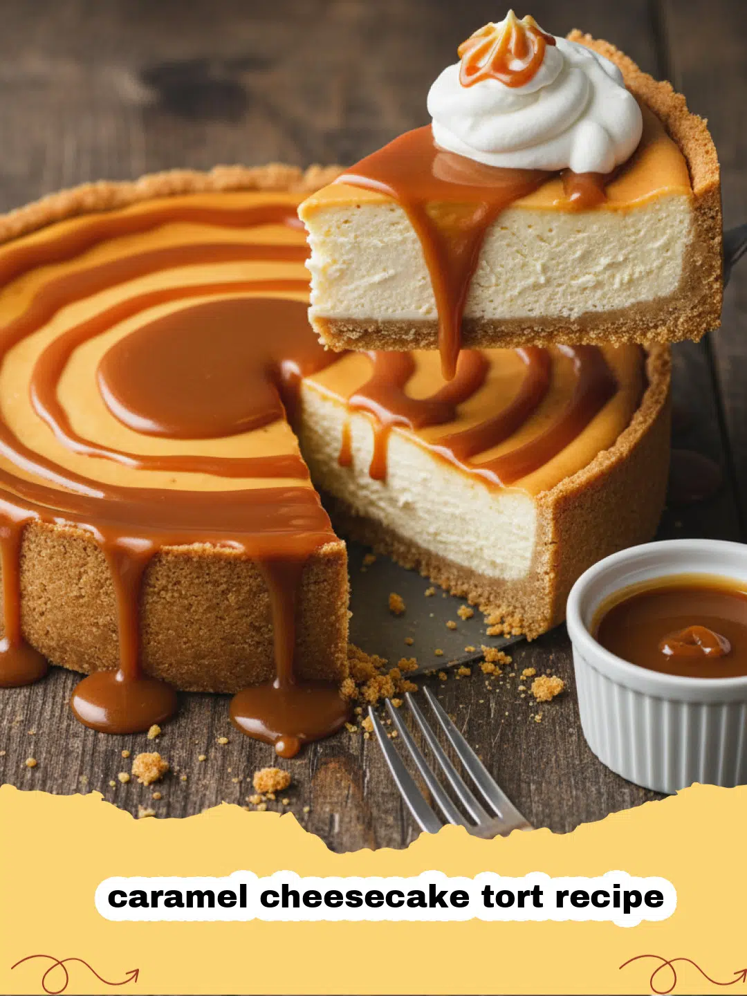 caramel cheesecake tort recipe - A close-up shot of a thick slice of caramel cheesecake tort with golden caramel sauce dripping down the sides.