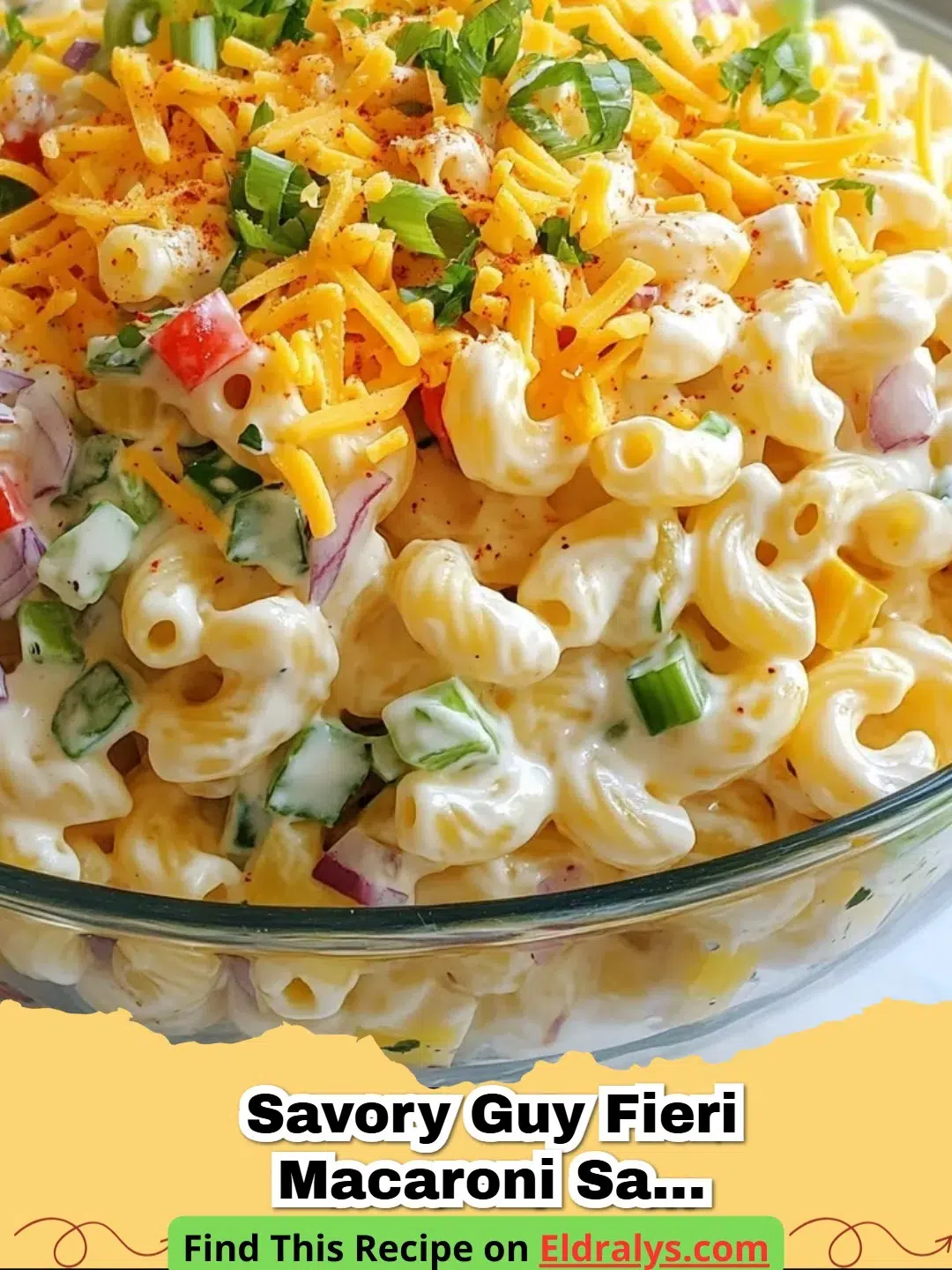 A close up view of a creamy Savory Guy Fieri Macaroni Salad Recipe in a white bowl with red and green peppers.