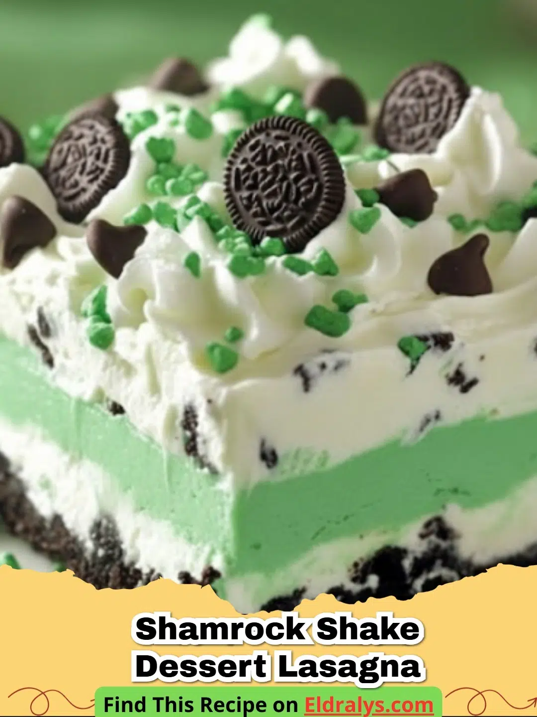A slice of Shamrock Shake Dessert Lasagna showing seven distinct green and chocolate layers.