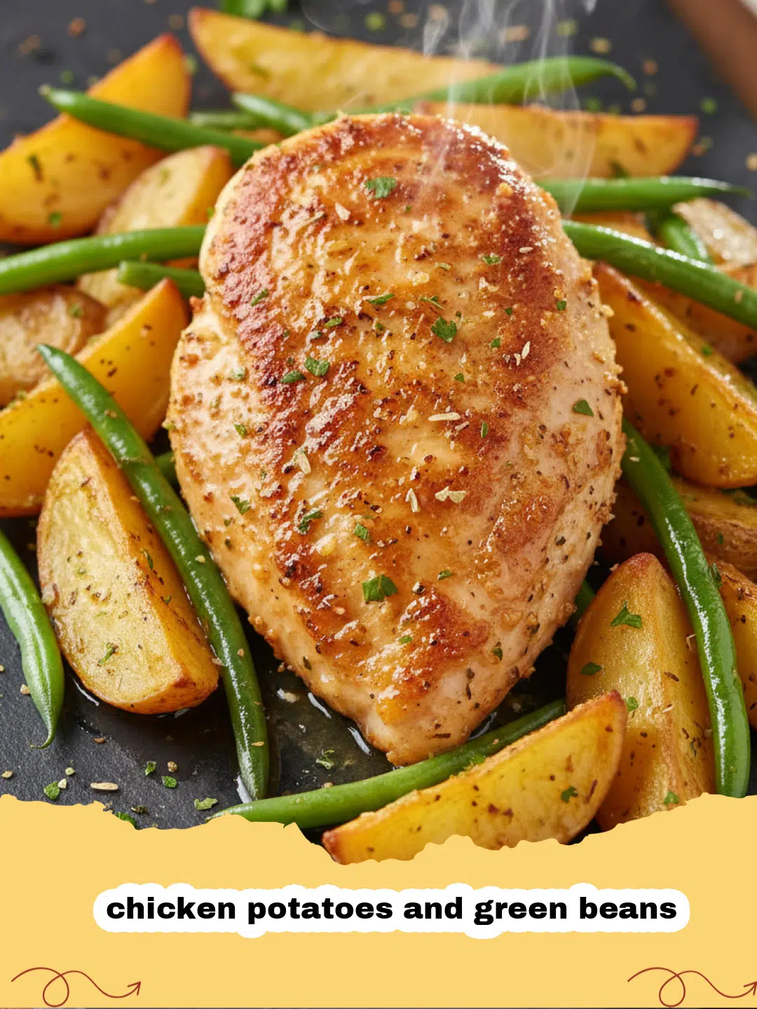 A sheet pan filled with roasted chicken potatoes and green beans, perfectly browned and seasoned.