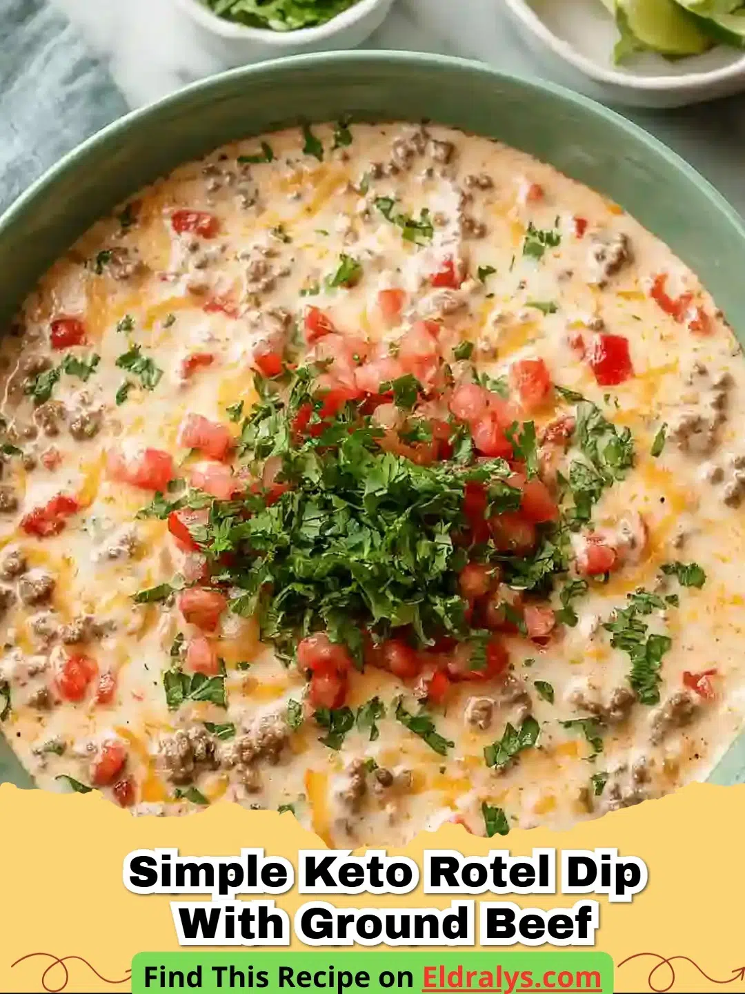 A bowl of Simple Keto Rotel Dip with Ground Beef garnished with cilantro
