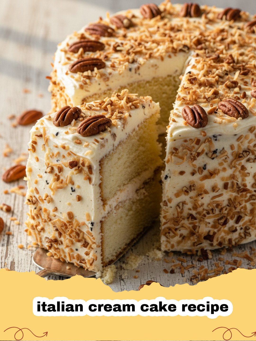 italian cream cake recipe - A beautiful three-layer Italian Cream Cake with cream cheese frosting and pecans.