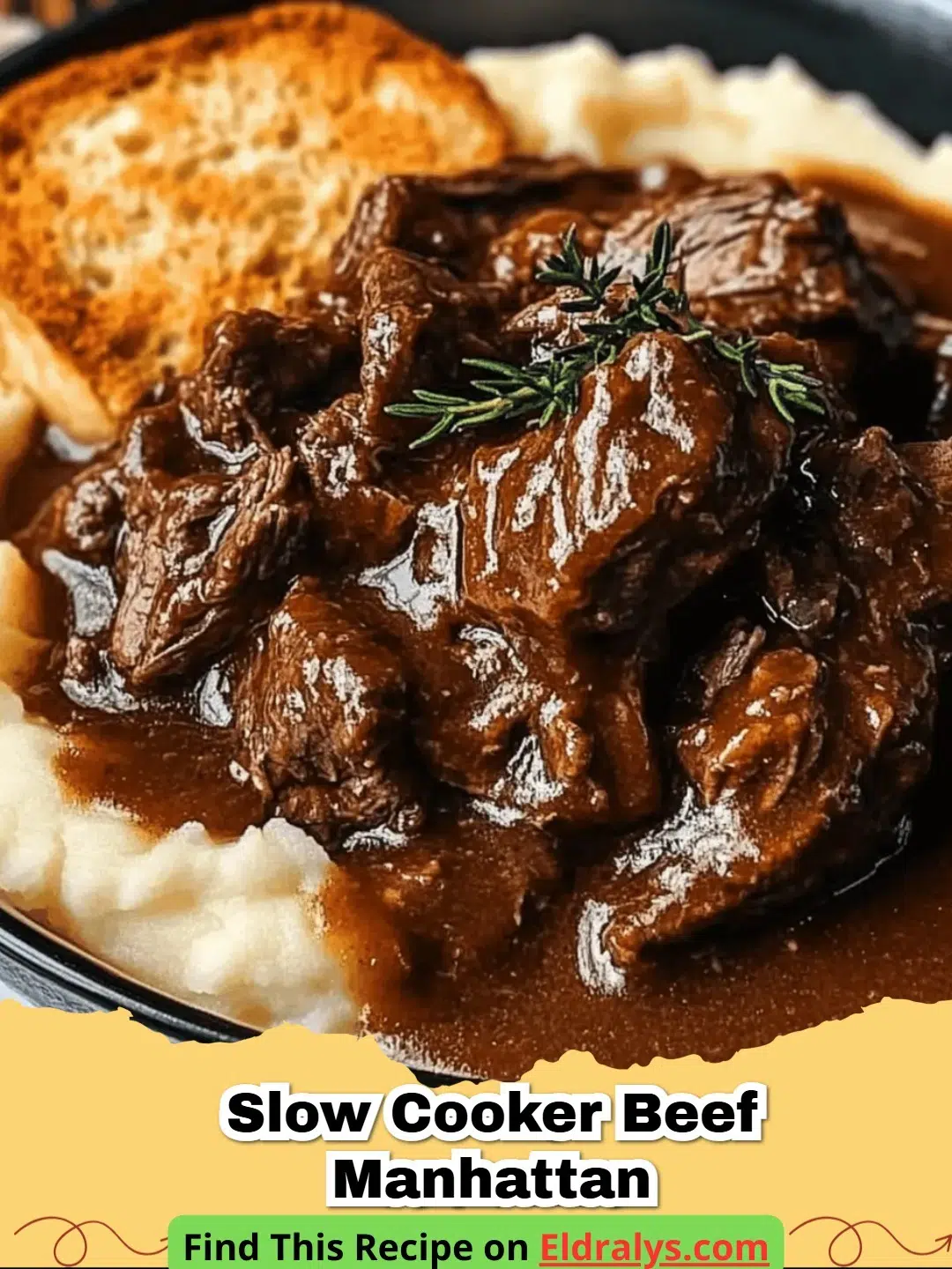 Slow Cooker Beef Manhattan Recipe - A delicious plate of Slow Cooker Beef Manhattan with shredded beef, mashed potatoes, and thick gravy.