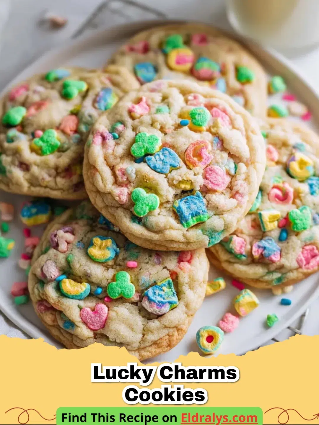 A stack of Soft and Chewy Lucky Charms Cookies with colorful marshmallows on top.
