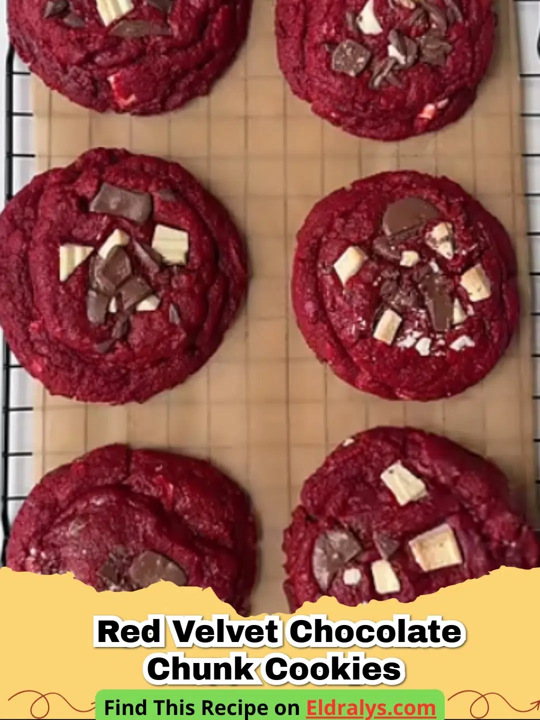 A stack of Soft and Chewy Red Velvet Chocolate Chunk Cookies with melting chocolate