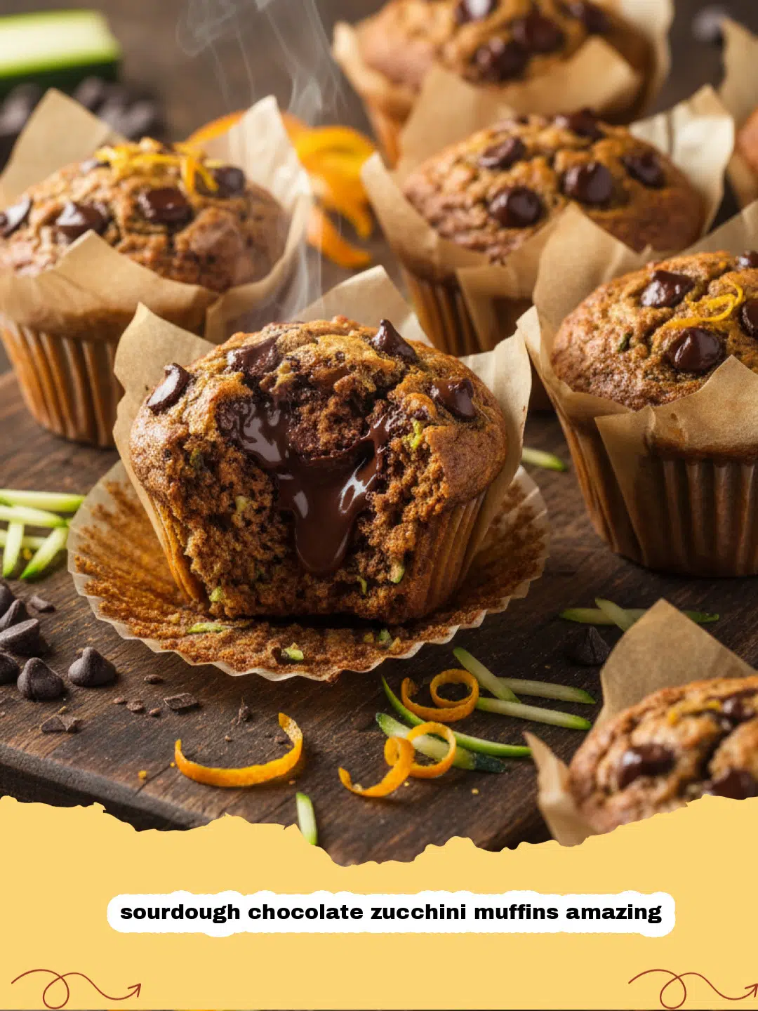 sourdough chocolate zucchini muffins amazing - Dark chocolate sourdough zucchini muffins topped with chocolate chips on a cooling rack