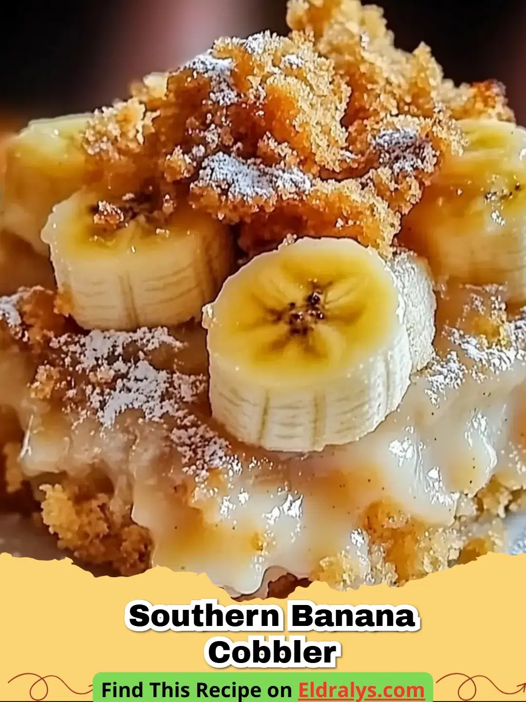 A golden brown Southern Banana Cobbler served in a white ceramic dish with a scoop of melting vanilla ice cream.