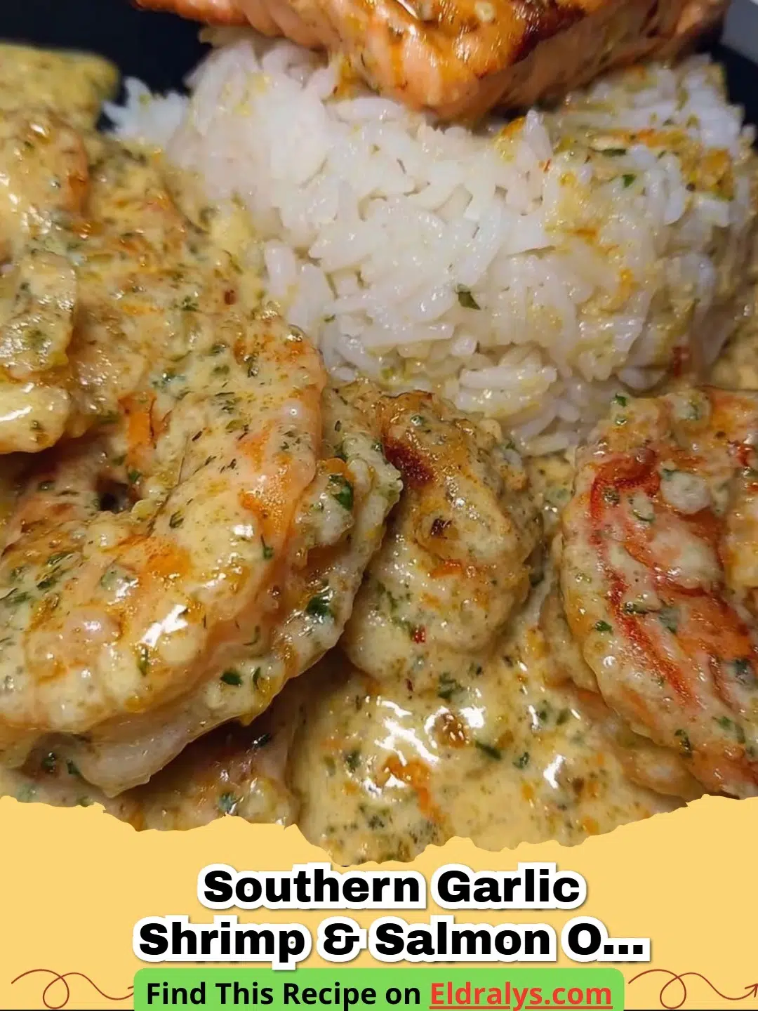 A plate of Southern Garlic Shrimp & Salmon over Rice with a lemon wedge garnish.