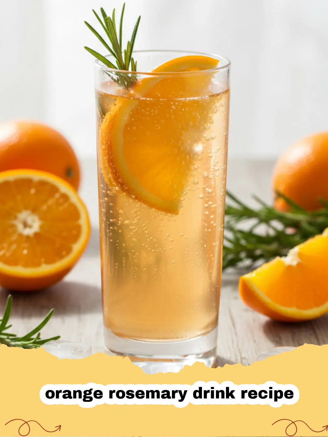 orange rosemary drink recipe - A tall glass of orange rosemary drink with ice and a fresh rosemary sprig garnish.